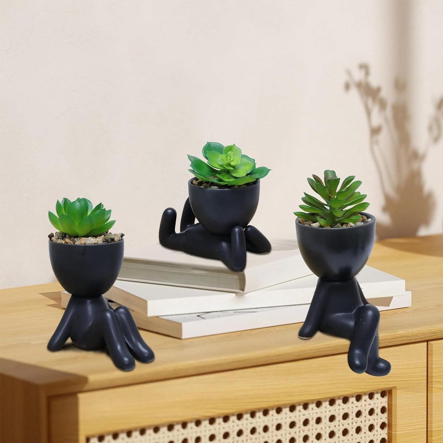 Zerzsy 3 PCS Cute Artificial Succulent Plants with Creative Ceramics Human Shaped Pots, Mini Potted Plants Black Bathroom Fakeplants, Faux Succulent Desk Decor for Home Office Shelf Decor
