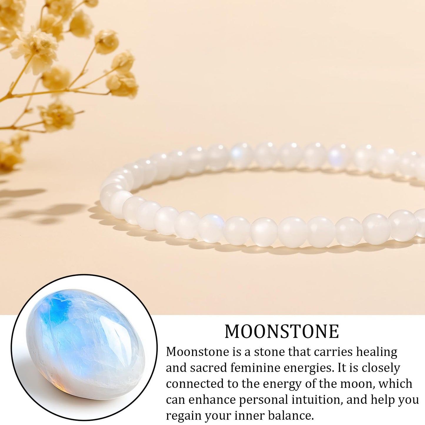 GolbalJew Natural Gemstone Beads Bracelets Healing Crystal Stone Beaded Bracelet for Women Men Handmade Spiritual Jewelry Gifts, 4mm Moonstone Round Beads