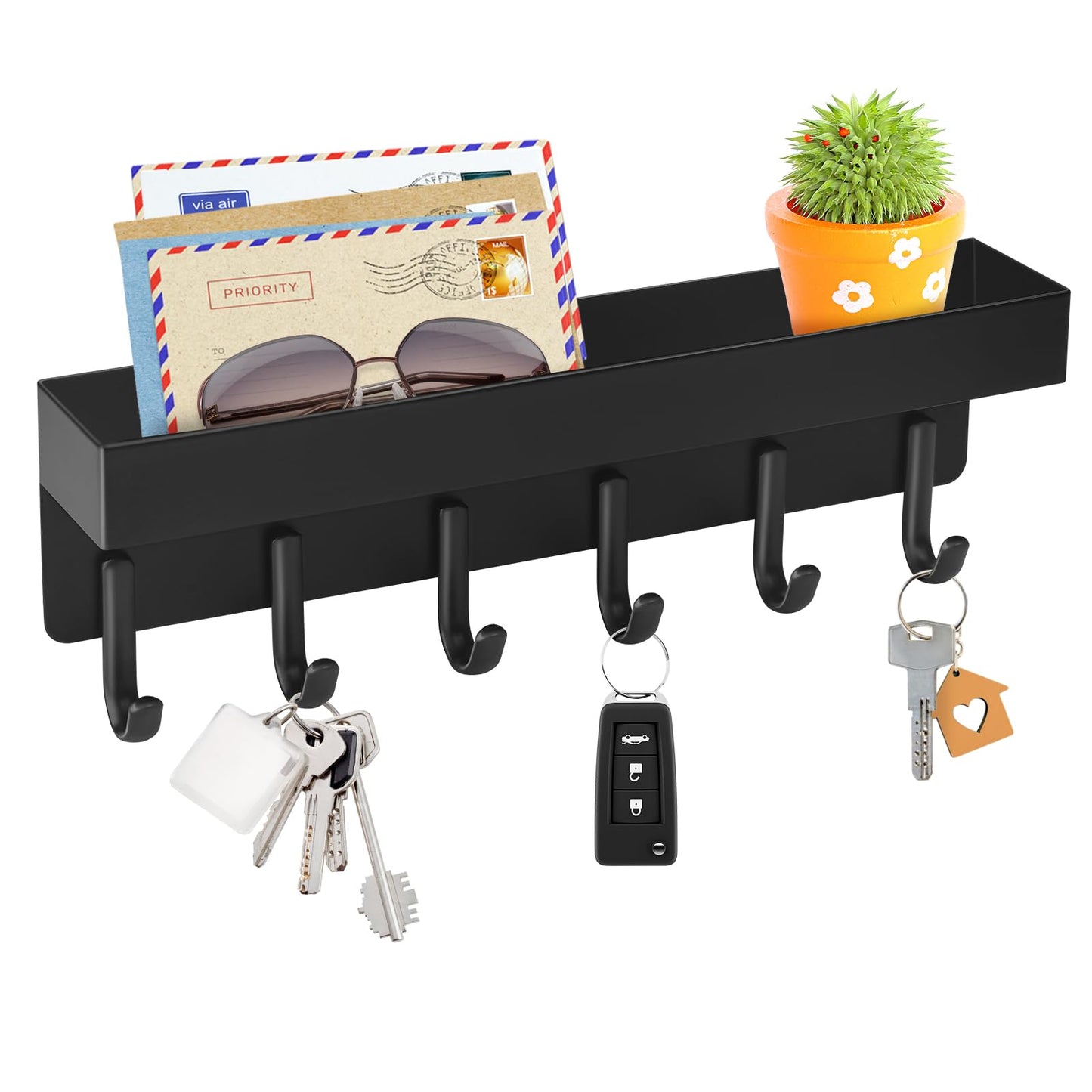 VIS'V Key Holder Wall Mount, Compact Adhesive Key Rack with Tray, 6 Hooks, 2 Mount Options, Black