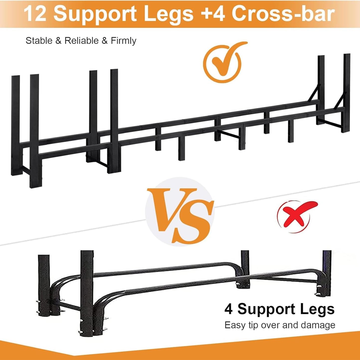 Shomextol 8ft Large Firewood Rack Outdoor, Heavy Duty Metal Wood Rack with Kindling Storage - For Indoor & Outdoor Fireplace, Wood Pile Organizer,Black