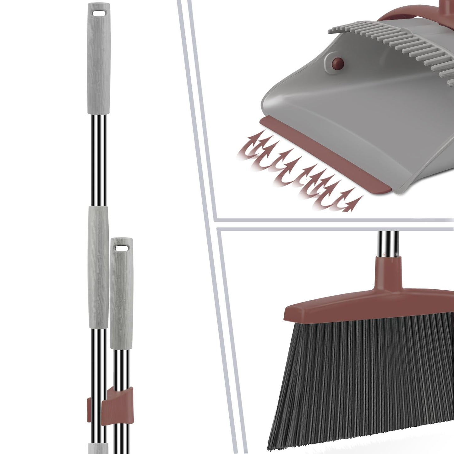 Ivandar Broom with Dustpan Combo Set, 50.6 inch Long Handle, Upright Standing Broom and Dustpan Set Quiet Cleaning Tool Sweep the Floor Dust pan Removes 4 Times More Pet Hair(Brown and Gray)