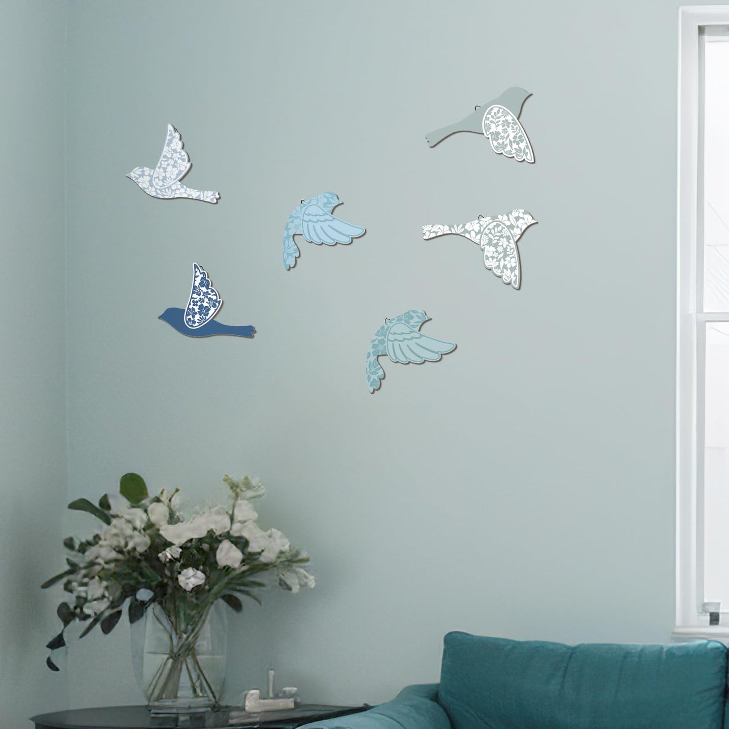 Wesiti 6 Pcs Blue Wooden Bird Wall Decor Scandinavian Wall Art Rustic Farmhouse Flying Bird Decor for Home Living Room Bedroom Decorations