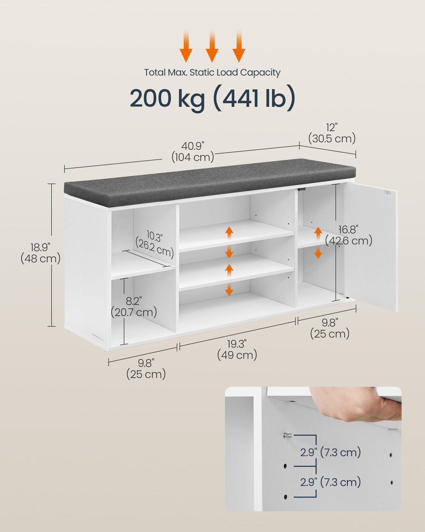 SONGMICS HOME Storage Bench, Superfast Toolless Assembly, 41" Wide Entryway Shoe Cubby Bench with Cushion & Adjustable Shelves, Window Shoe Rack Cabinet, Snow White and Slate Gray ULHS391WE02S