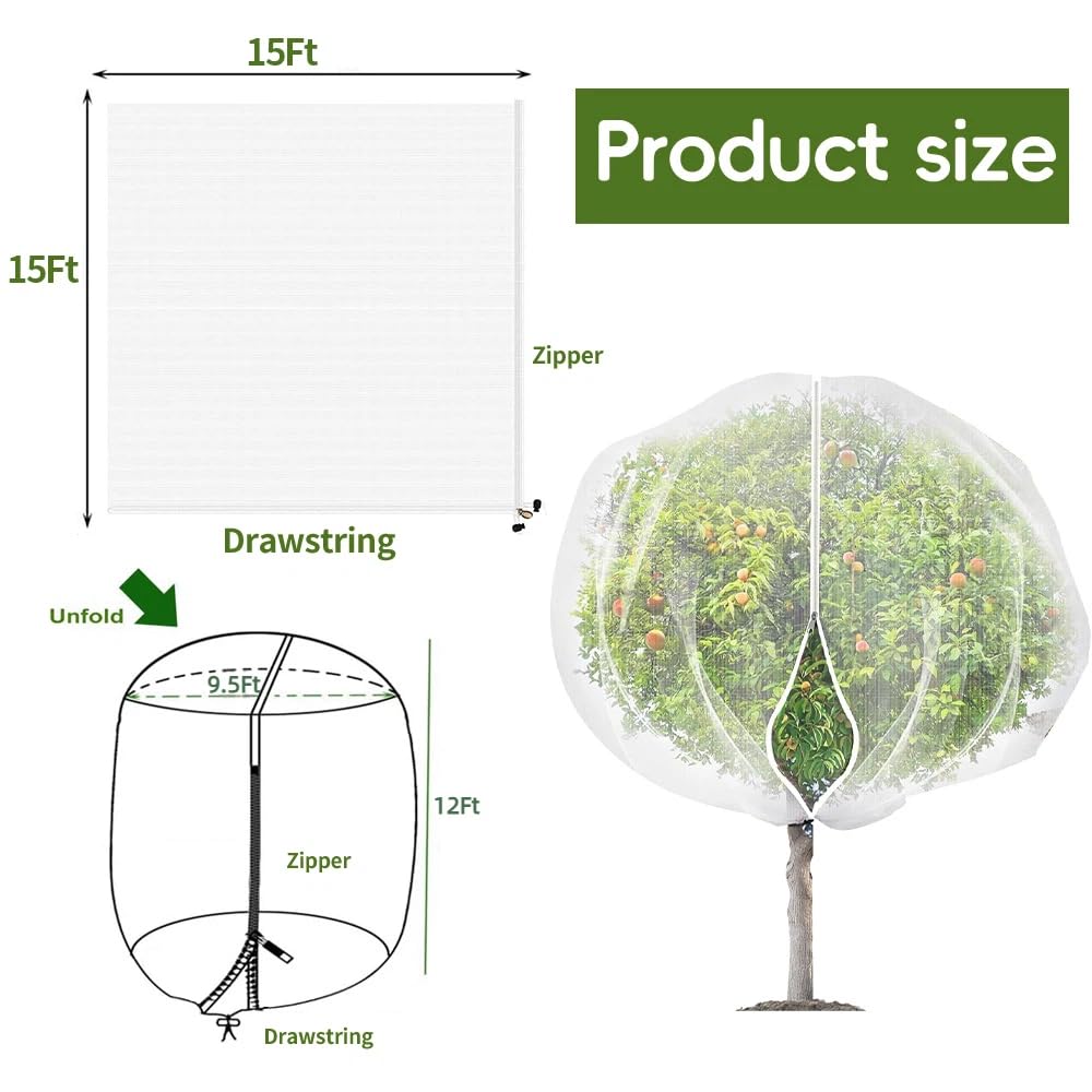 1 Pack Extra-Large Fruit Tree Netting Covers for Birds and Squirrels(15X15ft) –Bird Nets for Fruit Trees with Zipper and Drawstring, Extra Large Durable Mesh Garden Netting to Protect Fruit Trees