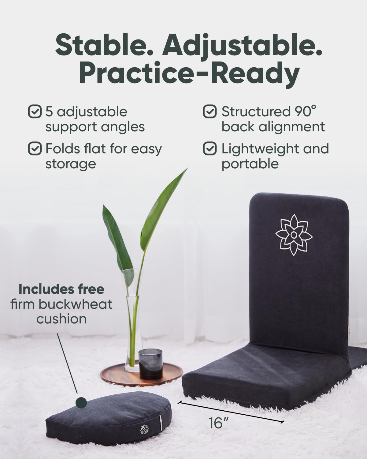 Mindful Modern Folding Pro Meditation Chair - Adjustable Meditation Seat with Back Support and Half Moon Buckwheat Meditation Cushion - Comfortable Mindfulness Living Room Floor Chair