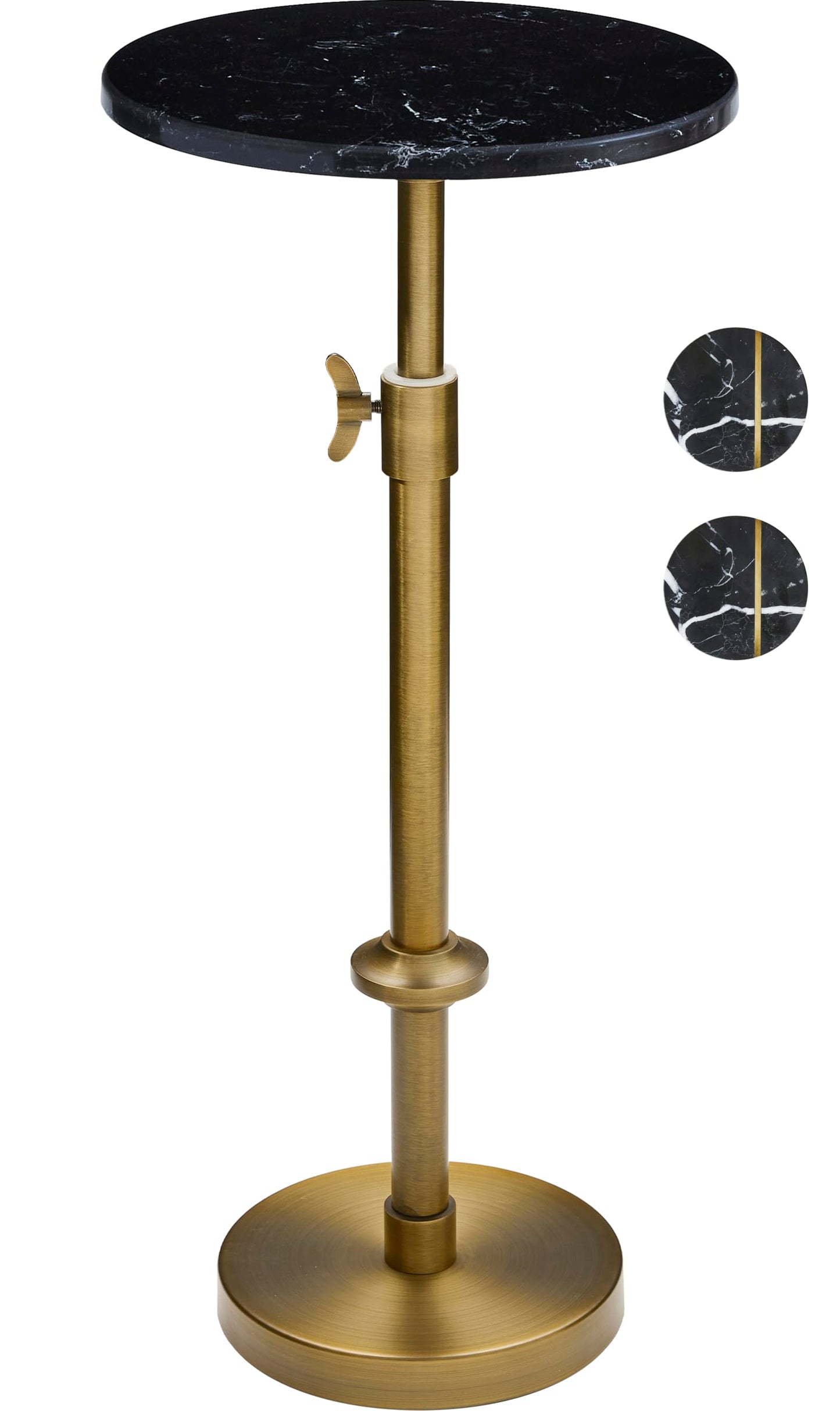 Adjustable-Height Marble Drink Table - 10x10x22-30, Black Marble & Antique Brass, Modern Round End Table, Side Table with Pedestal Stand for Small Spaces, Vintage Metal Martini Cocktail Accent