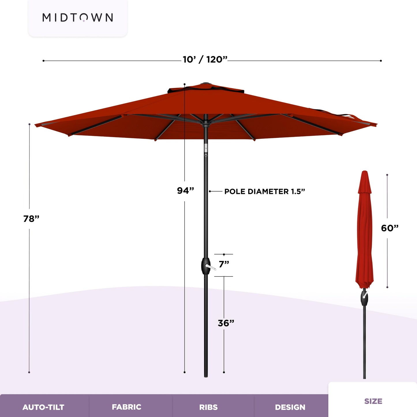 Midtown Umbrellas - 10-Year-No-Fade 10 Ft Patio Umbrella with Terylast Fabric, Auto-Tilt Aluminum Frame and 8 Reinforced Ribs for Deck, Pool, Garden & Beach - Apple Red Canopy, Black Pole