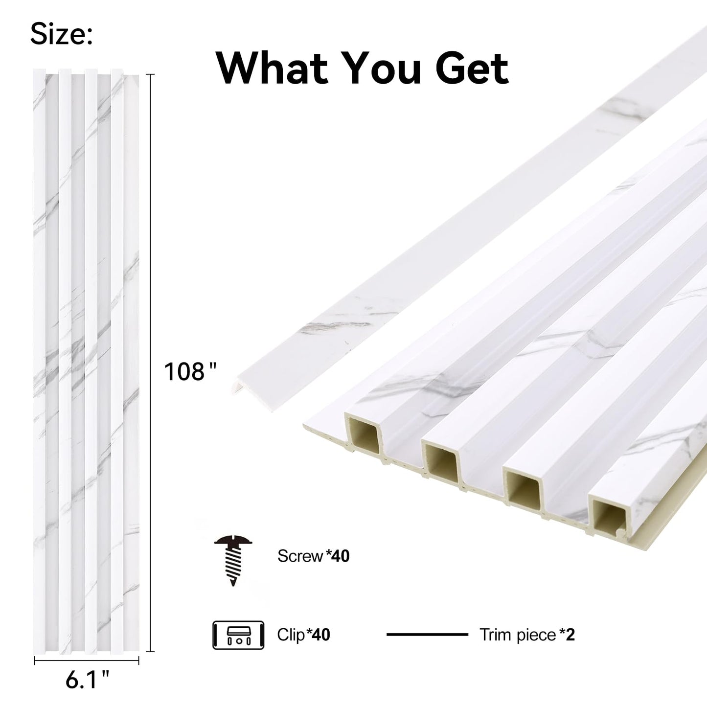 VESLARA 8-Pack WPC Wall Panels 108’’ x 6.1’’ 3D Slat Wall Panel Acoustic Wall Paneling for Interior Wall Decor TV Background Kitchen Bedroom Marble White