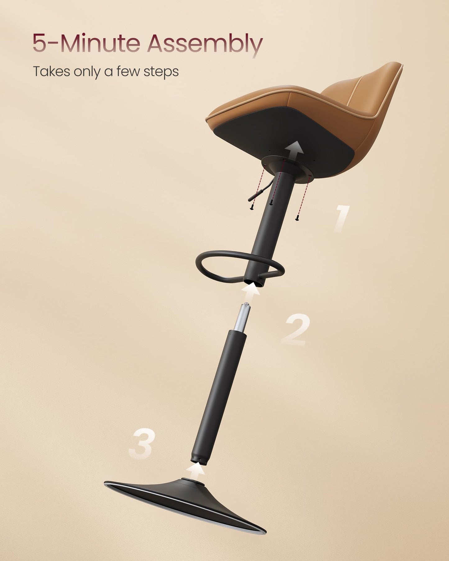 VASAGLE Bar Stools Set of 2, Adjustable Height Swivel Barstools with Ergonomic Backrest, Synthetic Leather, Larger Metal Base, Modern Tall Bar Chairs for Kitchen Island Home Bar, Caramel Brown