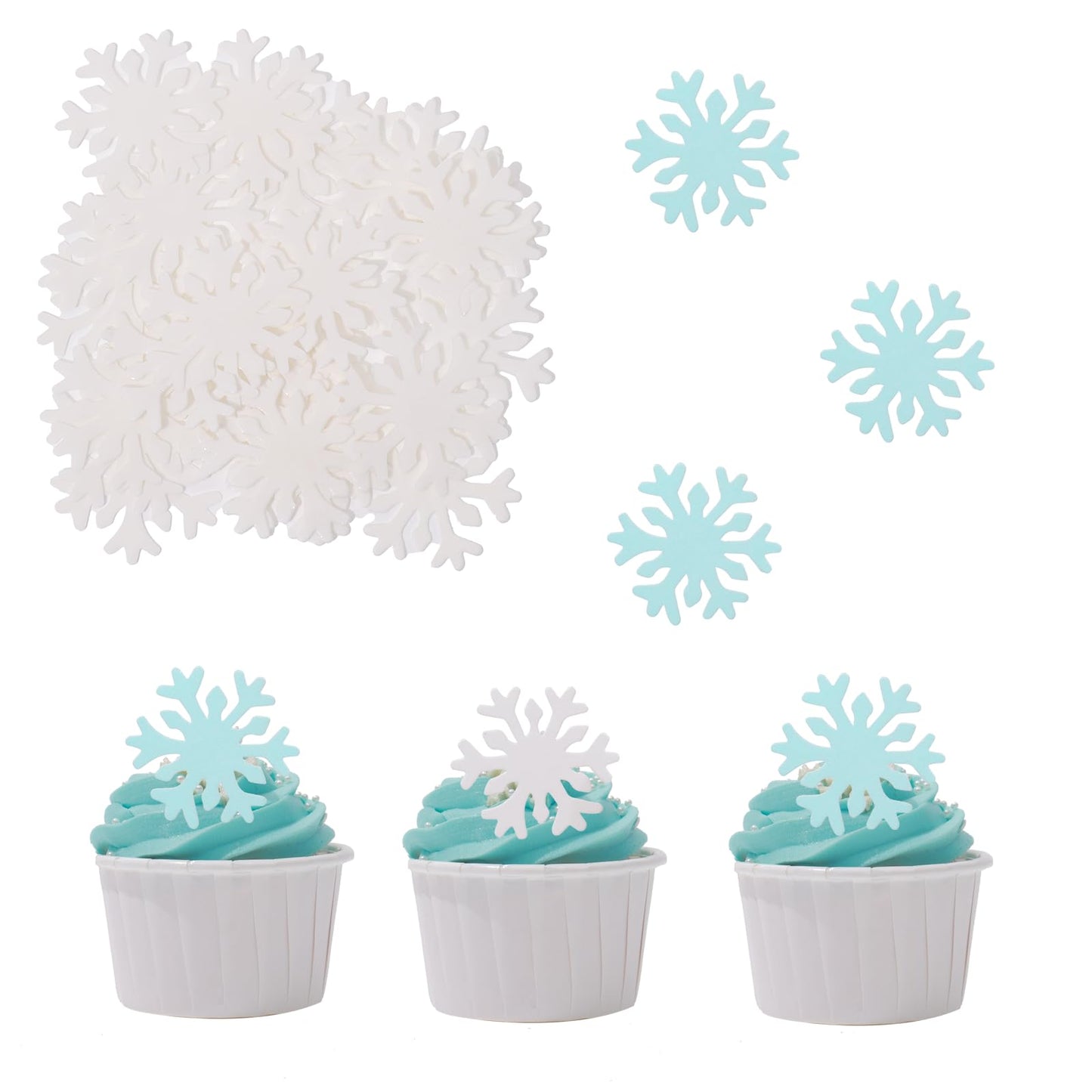 50PCS Edible Snowflakes for Cake Decorating Edible Christmas Cake Decorations Wafer Paper Snowflake Sprinkles Cupcake Toppers for Christmas Winter Holiday Frozen Theme Party Supplies （Blue+White mix）