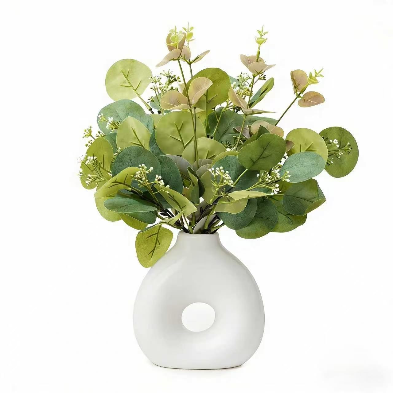EZBOHO Artificial Plant in Ceramic Donut Vase 11.5” Faux Greenery Potted Branches Realistic Leaves Stems Modern Minimalist White Speckled Hollow Vase for Home Office Table Shelf Bathroom Decor