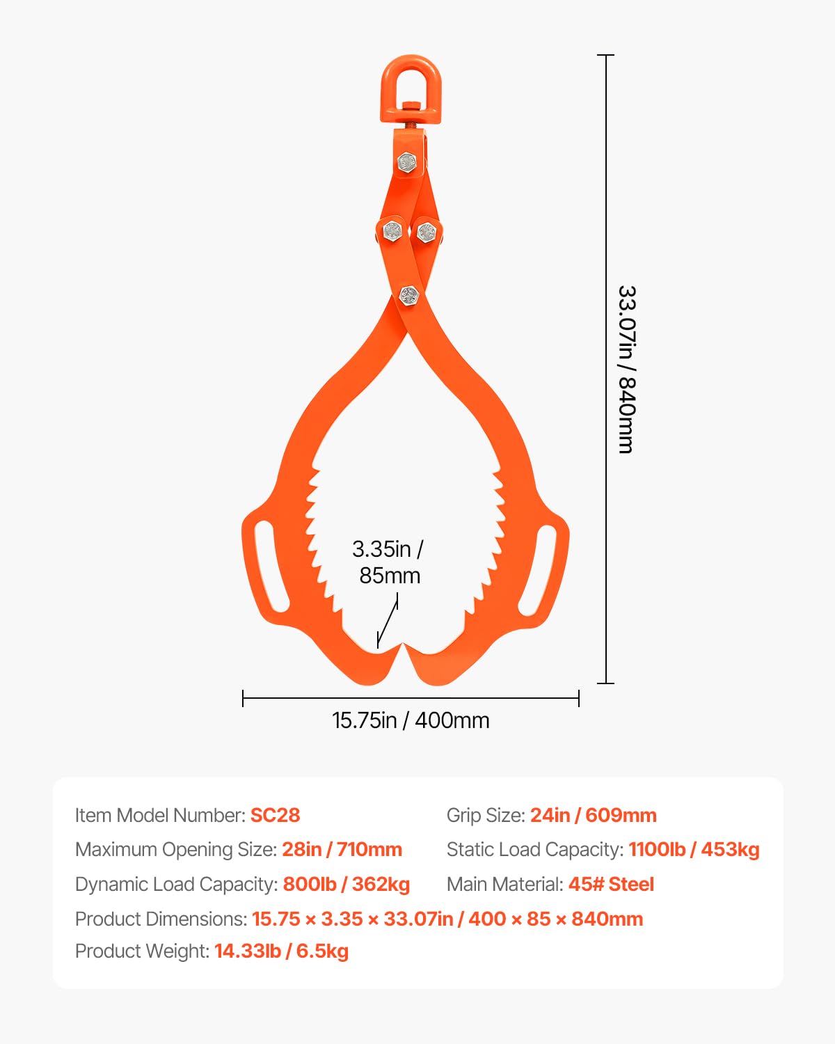 VEVOR Log Lifting Tongs 28in, 2 Serrated Claw Hook Log Tongs, Heavy Duty Steel Swivel Dragging Tongs, 1100LBS Log Grapple with Handles, Lumber Log Skidding Tongs for Tractors, Trucks, Forklifts, ATVs