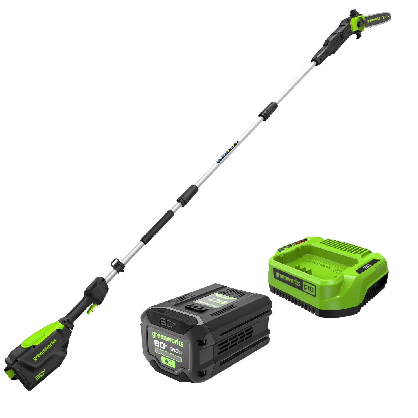 Greenworks 80V 10" Brushless Cordless Polesaw (Great For Pruning and Trimming Branches / 75+ Compatible Tools), 2.0Ah Battery and Charger