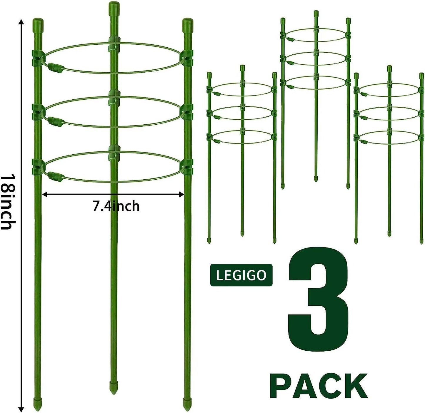 Legigo 3 Packs Plant Support Cages Tomato Cage for Garden- 18 Inch Adjustable Garden Cucumber Trellis Plant Stakes, Trellis Support Rings for Climbing Plants, Pots, Indoor Plants with 10 Plant Clips