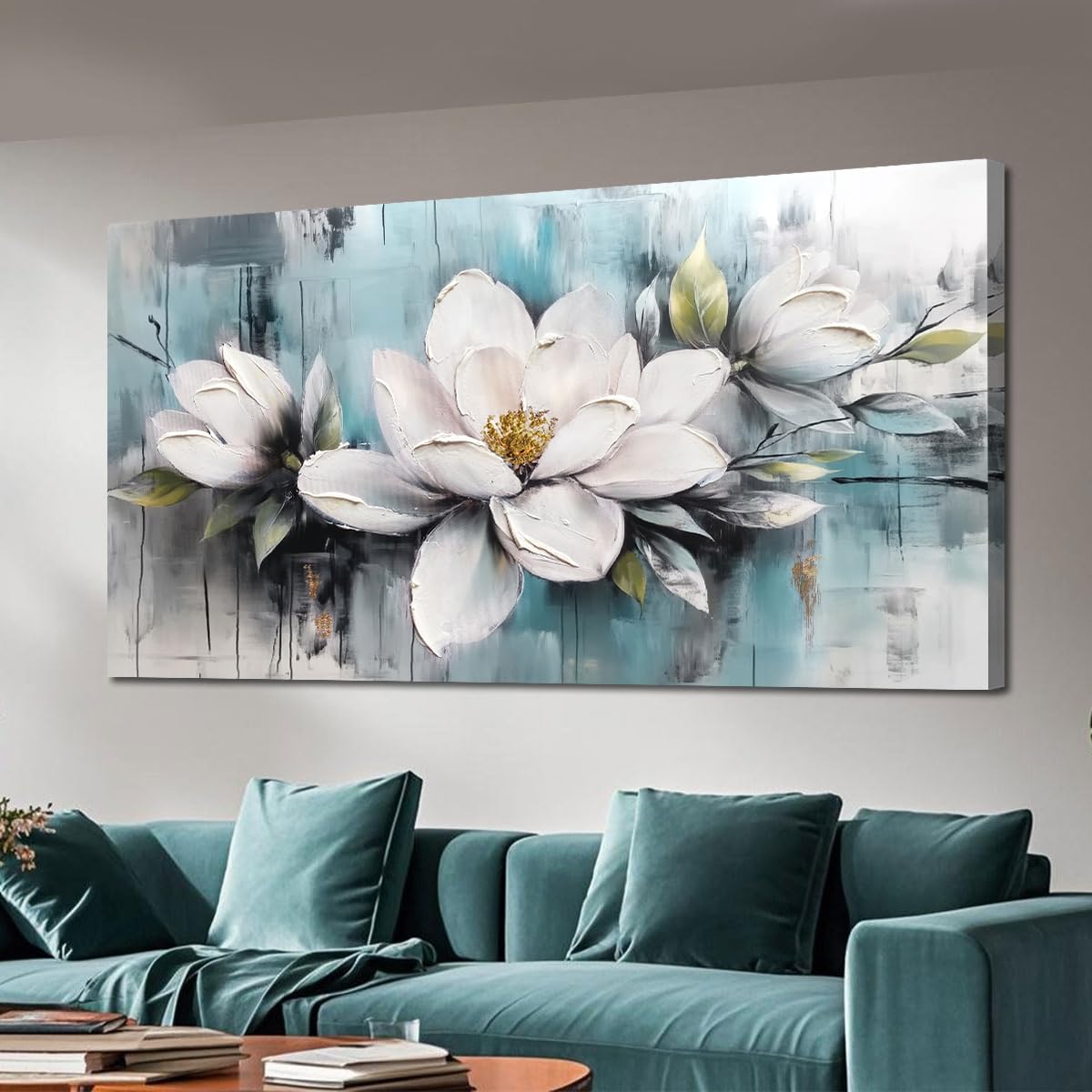Ardemy Magnolia Wall Art for Living Room, Teal Large White Floral Canvas Wall Art Bedroom Painting Textured Picture Wall Decor Flower Artwork for Wall Decor Home Office Dining Room 40"x20"
