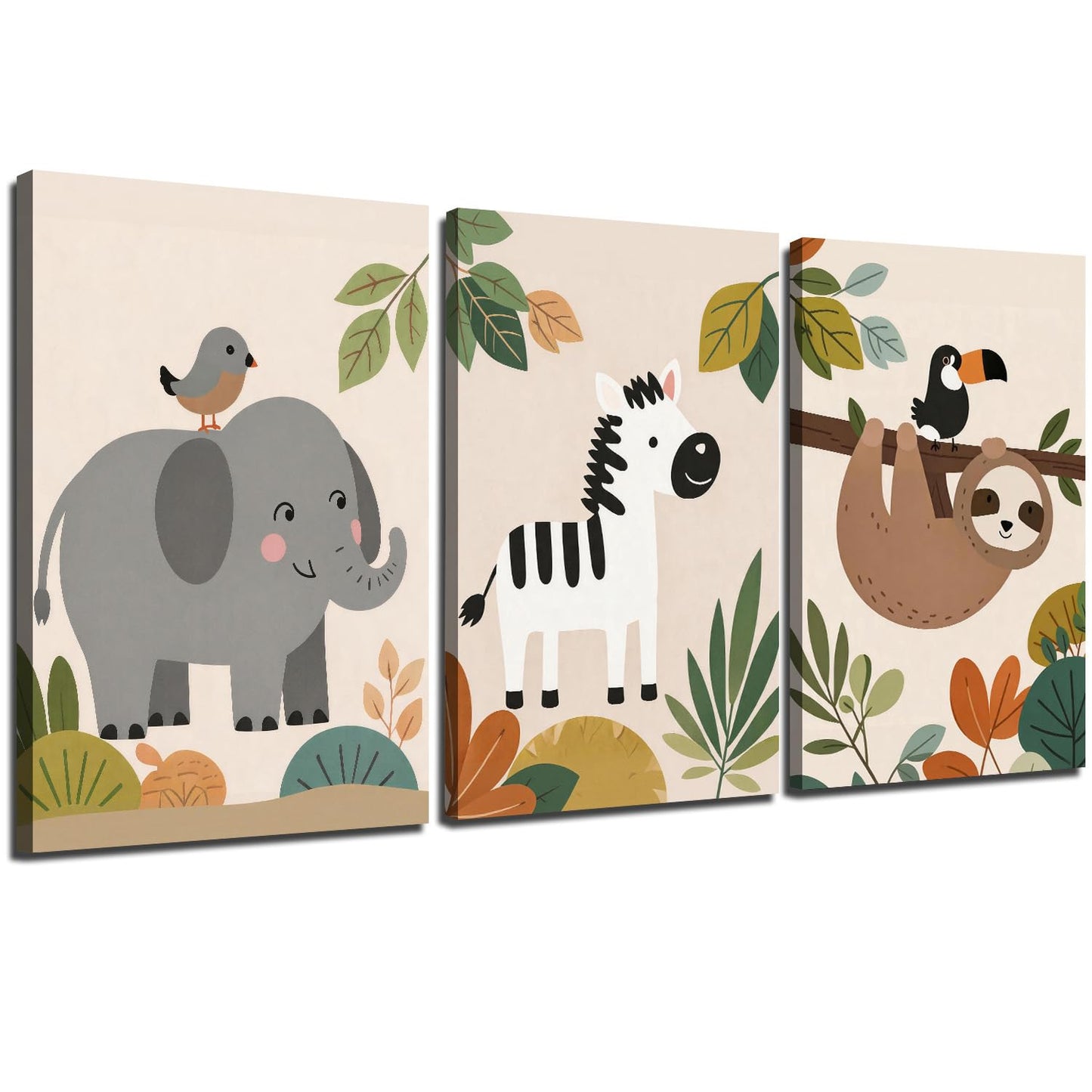 TYPTEK Nursery Wall Art Decor Set of 3,Boho Jungle Animals Whimsical & Educational Canvas Prints for Kids Room Playroom Baby Bedroom, Framed Ready to Hang,16x12 Inch