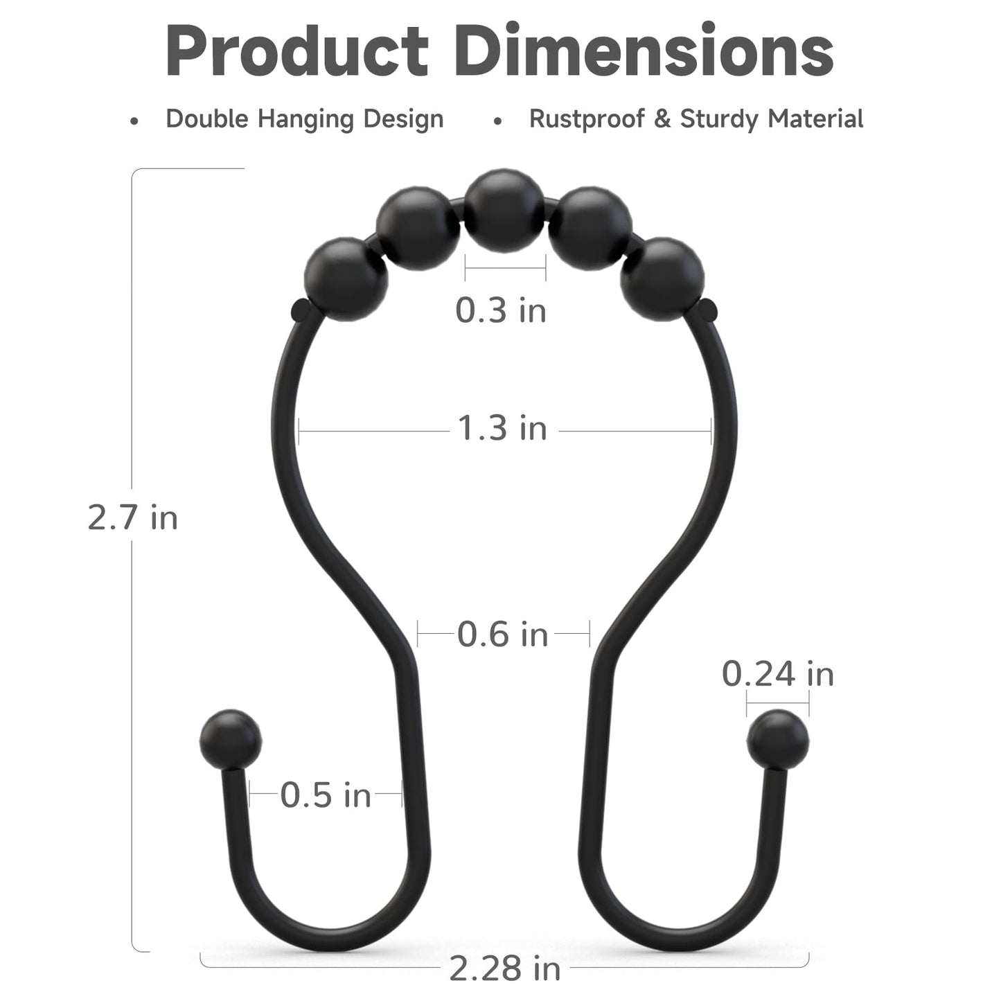 Bathway Shower Curtain Hooks Shower Curtain Rings Black Shower Curtain Hooks RustProof Smooth Metal Double Shower Curtain Hook, Shower Hooks for Shower Curtain Liner Bathroom Shower Rod Hook