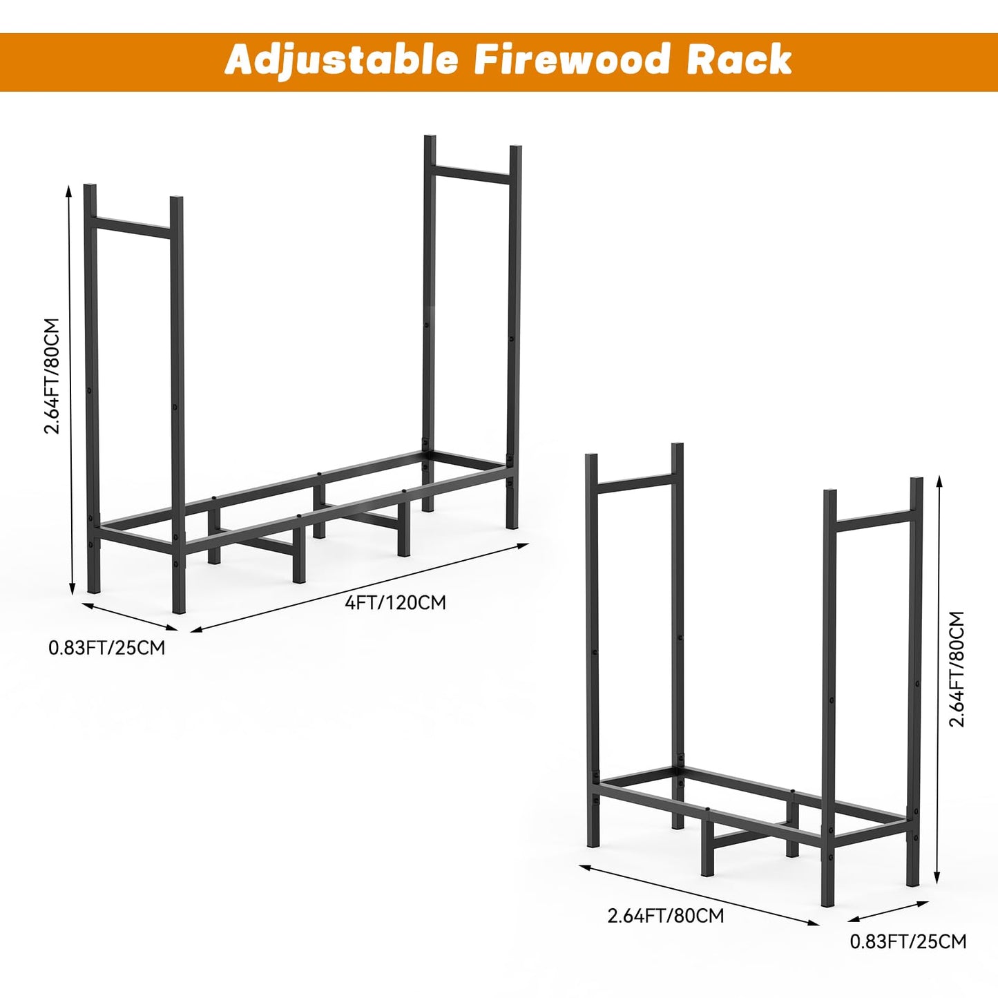 CADUKE Firewood Rack Outdoor, Adjustable 4FT to 2.64FT Heavy Duty Wood Racks for Firewood, Metal Log Rack Wood Storage for Indoor Fireplace Patio, Black