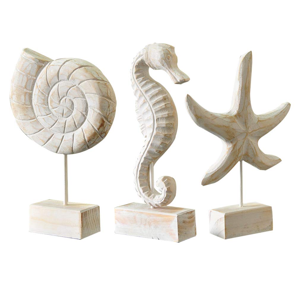 Exttlliy 3pcs Wood Handmade Beach Nautical Style Figurines Starfish/Conch/Seahorse Statue Home Decor Beach Decor Coastal Decor