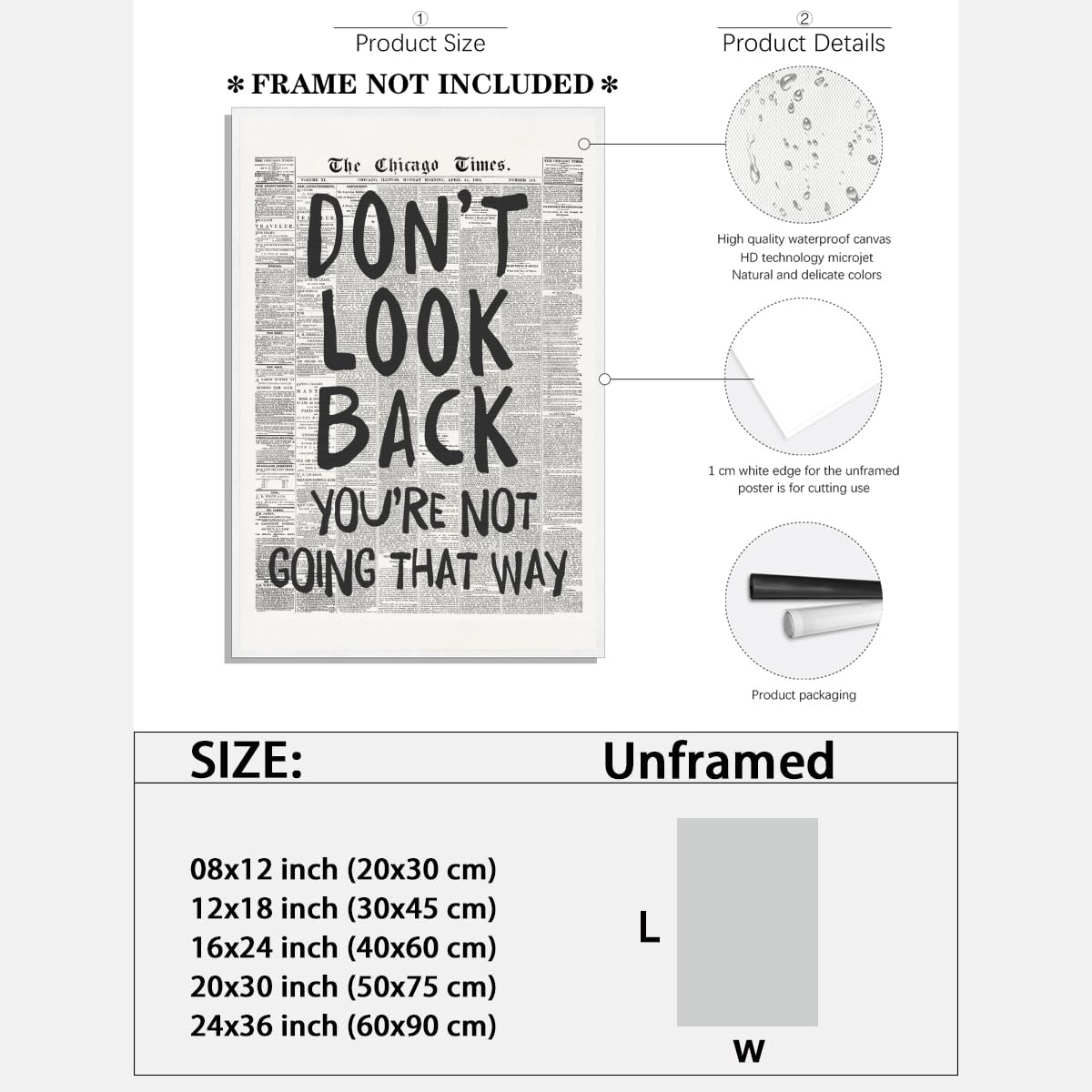 Black and White Retro Newspaper Wall Art Trendy Inspirational Quote Poster Don't Look Back Positive Motivational Affirmation Print Preppy Aesthetic Room Apartment Bedroom Decor 12x18inch Unframed