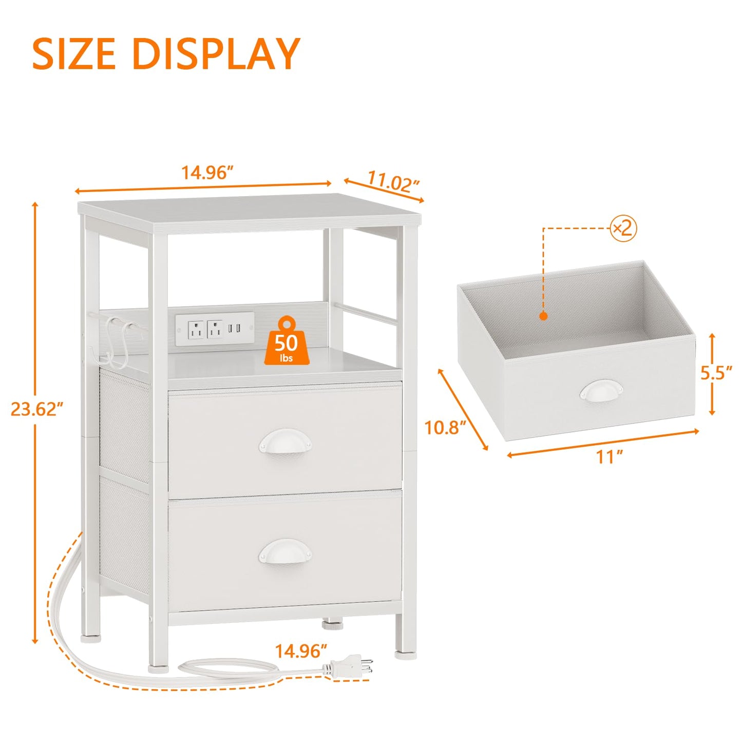 Furologee End Table with Charging Station, Nightstand with Fabric Drawers, Side Tables with USB Ports & Outlets, Night Stand with Storage Shelf & Hooks, for Living Room/Bedroom, White