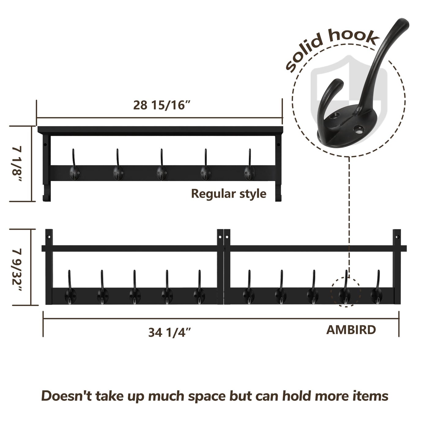 AMBIRD 34.2" Extra Long Wooden Wall Hook Rack with Shelf - Versatile and Decorative Wall-Mounted Storage with 10 Hooks for Coats, Hats, Keys - Ideal for Entryways, Bedrooms, Closets (Stylish Black)