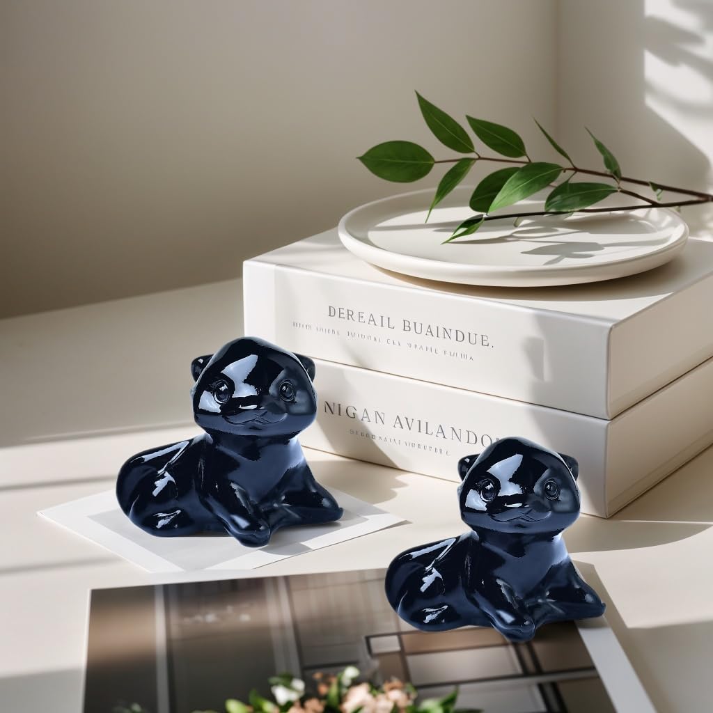 WUYOUSHI Black Obsidian Otter Figurine - Hand Carved Healing Crystal Otter Statue, Lucky Gemstone Sculpture for Home Office Desk Decor, Spiritual Gift for Animal Lovers & Nature Enthusiasts