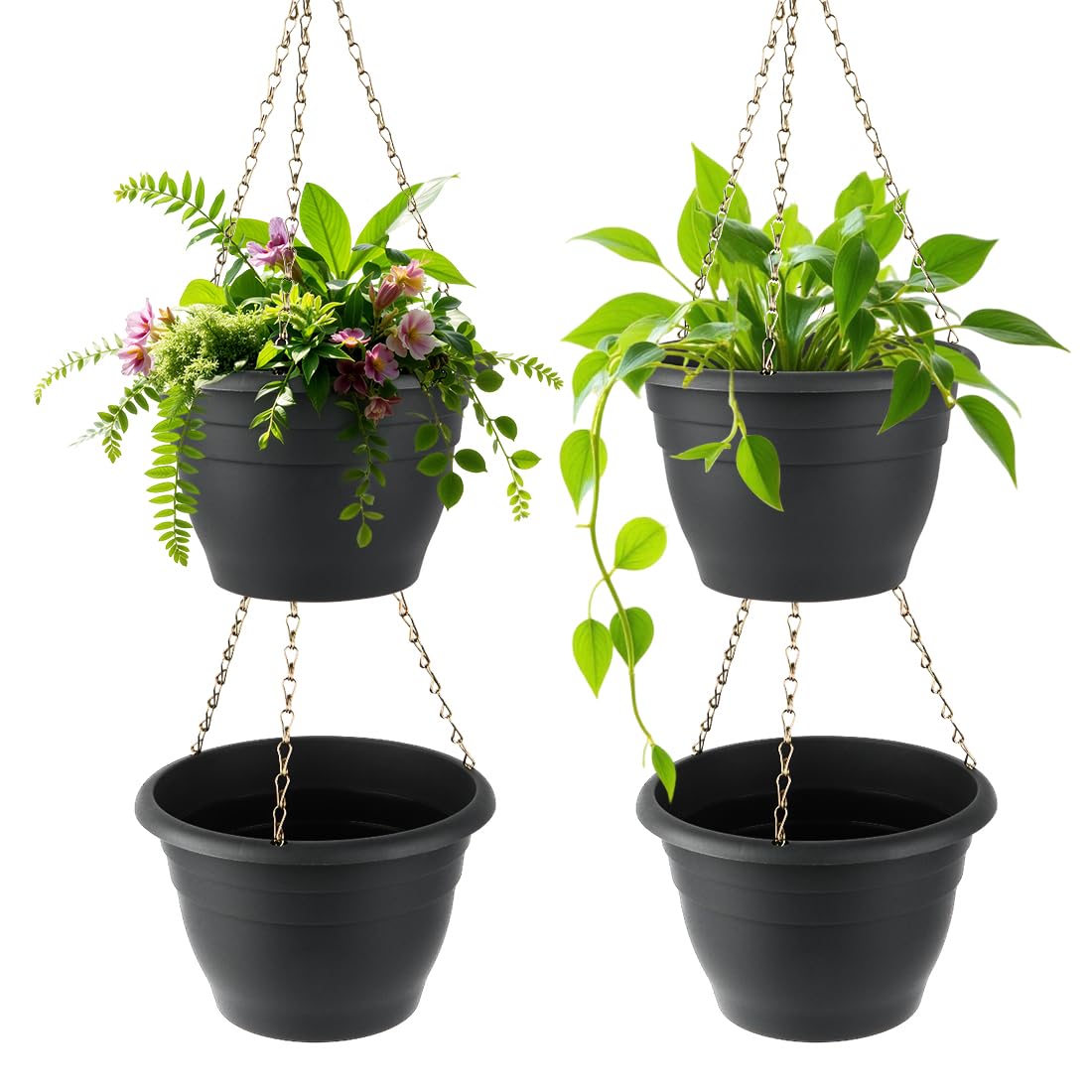 RooTrimmer Hanging Planters 10 Inch, 4 Pcs Flower Pots with Drainage Hole, Self Watering Hanging Basket for Indoor Outdoor Plants, Decor, Gray