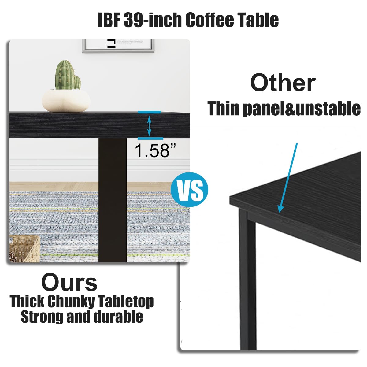 IBF Modern Black Coffee Table, Minimalist Industrial Wooden Center Table, Simple Farmhouse Rectangle Living Room Table, Wood and Metal Cocktail Coffee Table for Home Bedroom Office, Black Oak, 47 Inch