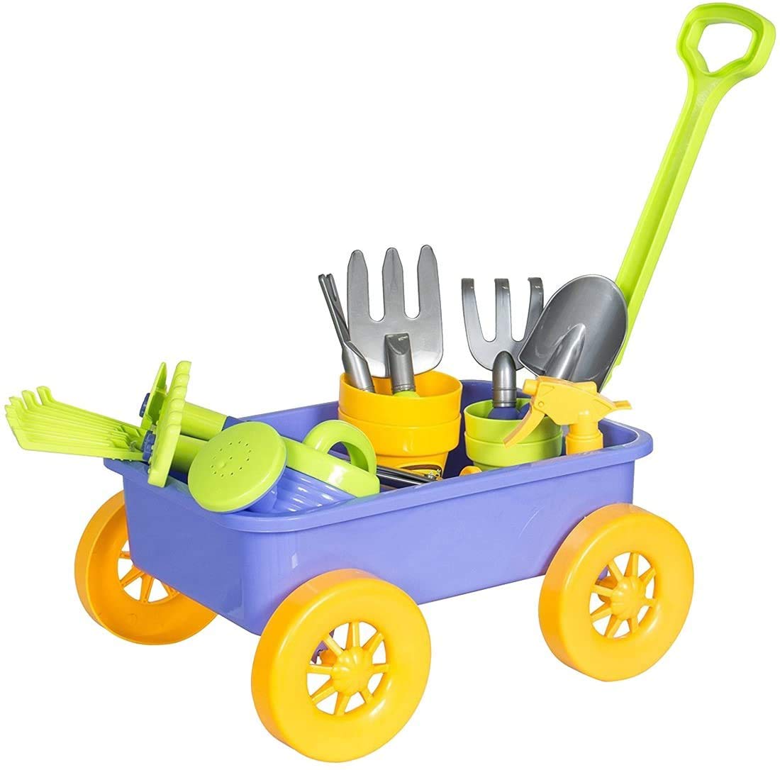 deAO Kids Garden Wagon Wheelbarrow and Gardening Tools Play Set Includes 10 Accessories and 4 Plant Pots,Great Outdoor Toddler Toys Kids Gardening Set