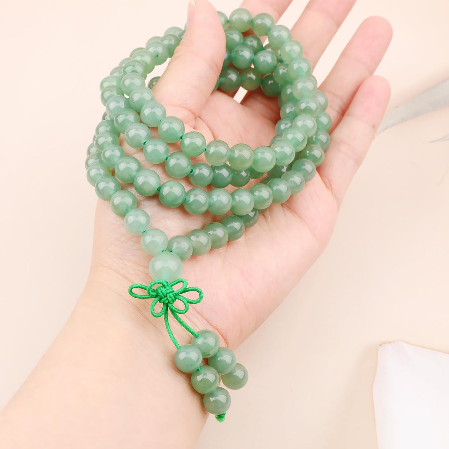 AD Beads 8mm 108 Prayer Mala Green Aventurine Elastic Bracelet - Create Opportunity - Handmade Yoga Meditation Healing Power Energy Gifts for Unisex Adult.