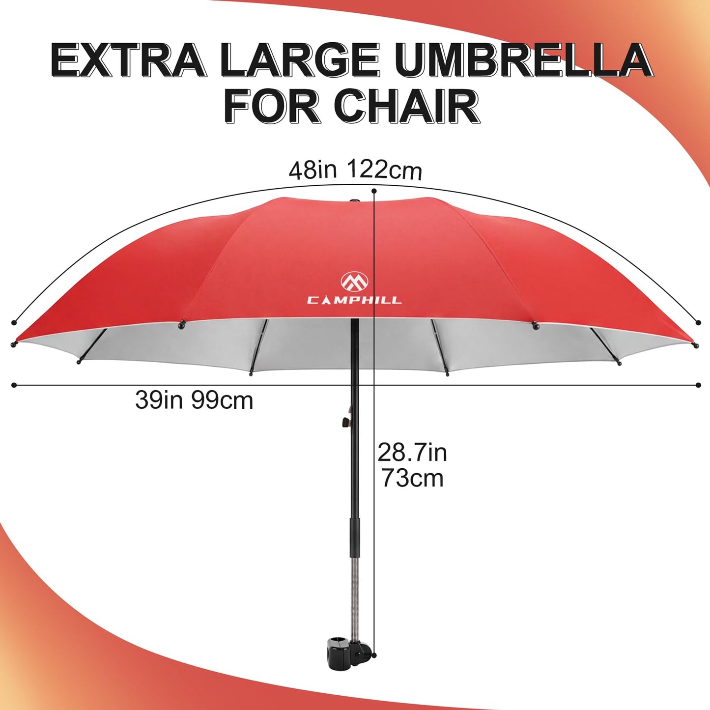 CAMPHILL 2 Pack Beach Umbrella with Clamp Sun Shade,Adjustable Umbrellas with Clip,UPF50+ Sunshade for Beach Chair,Stroller,Fishing,Camping,Patio,Wheelchair,Golf Carts,Red