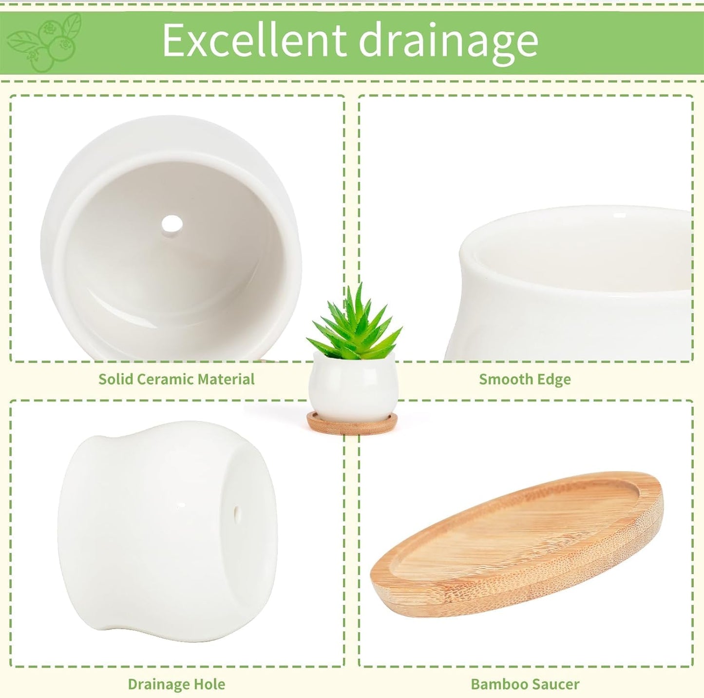 SHECIPIN 2 Pack Succulent Pots, 2.5 Inch Mini Ceramic Pots for Flower or Cactus Plants with Drainage Hole,Plants Not Included (White)