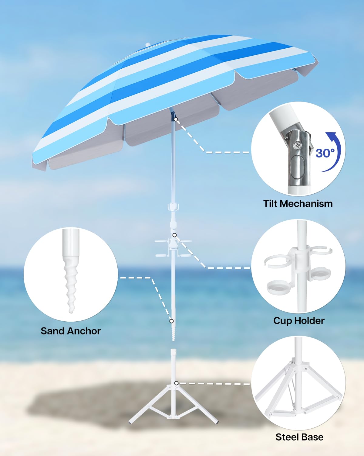 paramondo Portable Beach Umbrella with Cup Holder - 6.5FT Blue and White Striped Sun Umbrella, Adjustable Aluminum Alloy Pole, Windproof & UV Protection for Sand, Patio, and Backyard, Sea Rhythm