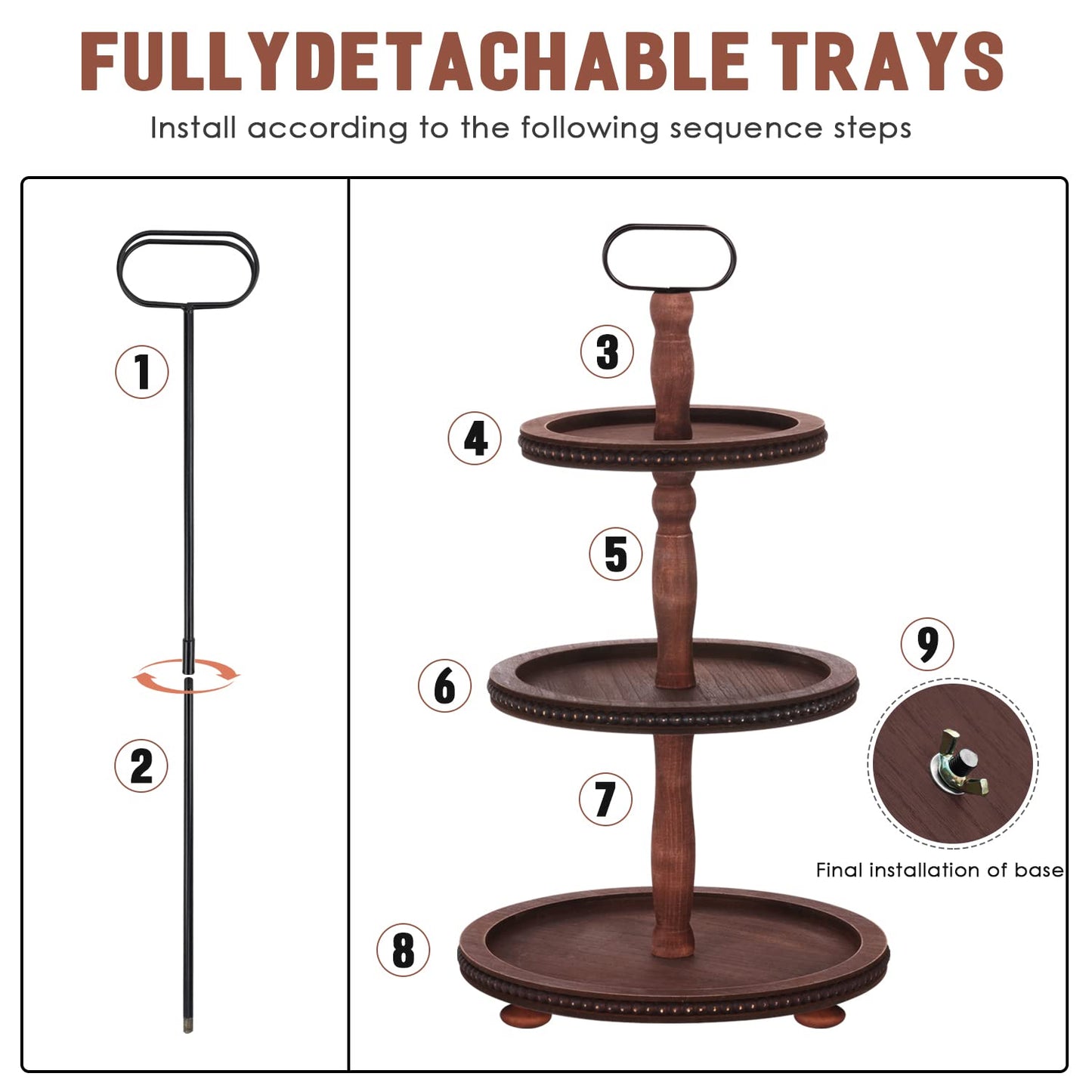 Urban Deco Wooden Tiered Tray 3-Tier Decorative Tray Stand Farmhouse Serving Tray, Round Wooden Cupcake Display Stand with Metal Handle, Brown Tiered Fruits Tray for Home Party Decorations