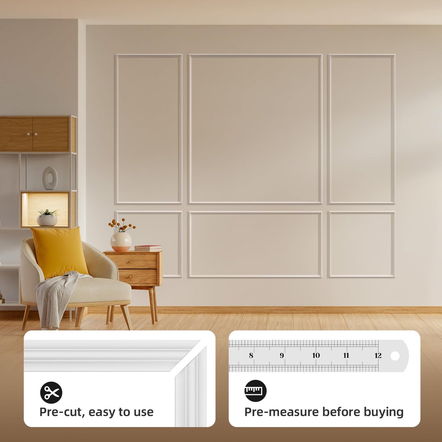 JSIWOTH Peel and Stick Wall Molding Kit Set of 6 Frames, Premade Wainscoting Panels for Interior Wall Decor, Molding Trim for Living Room Bedroom Corridor Home Accent Walls Panel
