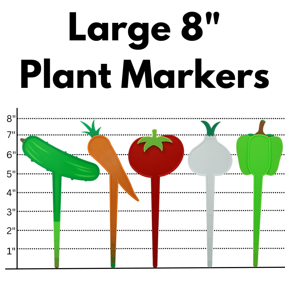 8-Inch Vegetable Garden Plant Markers - Set of 5 - Durable & Eco-Friendly Plastic - Made in The USA - Tomato, Cucumber, Bell Pepper, Onion, and Carrot.