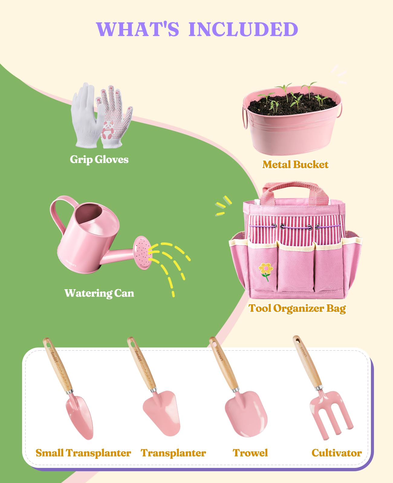 8Pcs Kids Gardening Set with Metal Basket & Real Metal Tools, STEM Outdoor Exploration Kit, Ergonomic Wooden Handles, 3 Shovels, Rake, Watering Can, Gloves, Tote Bag, Toy Gift for Toddler Boys Girls