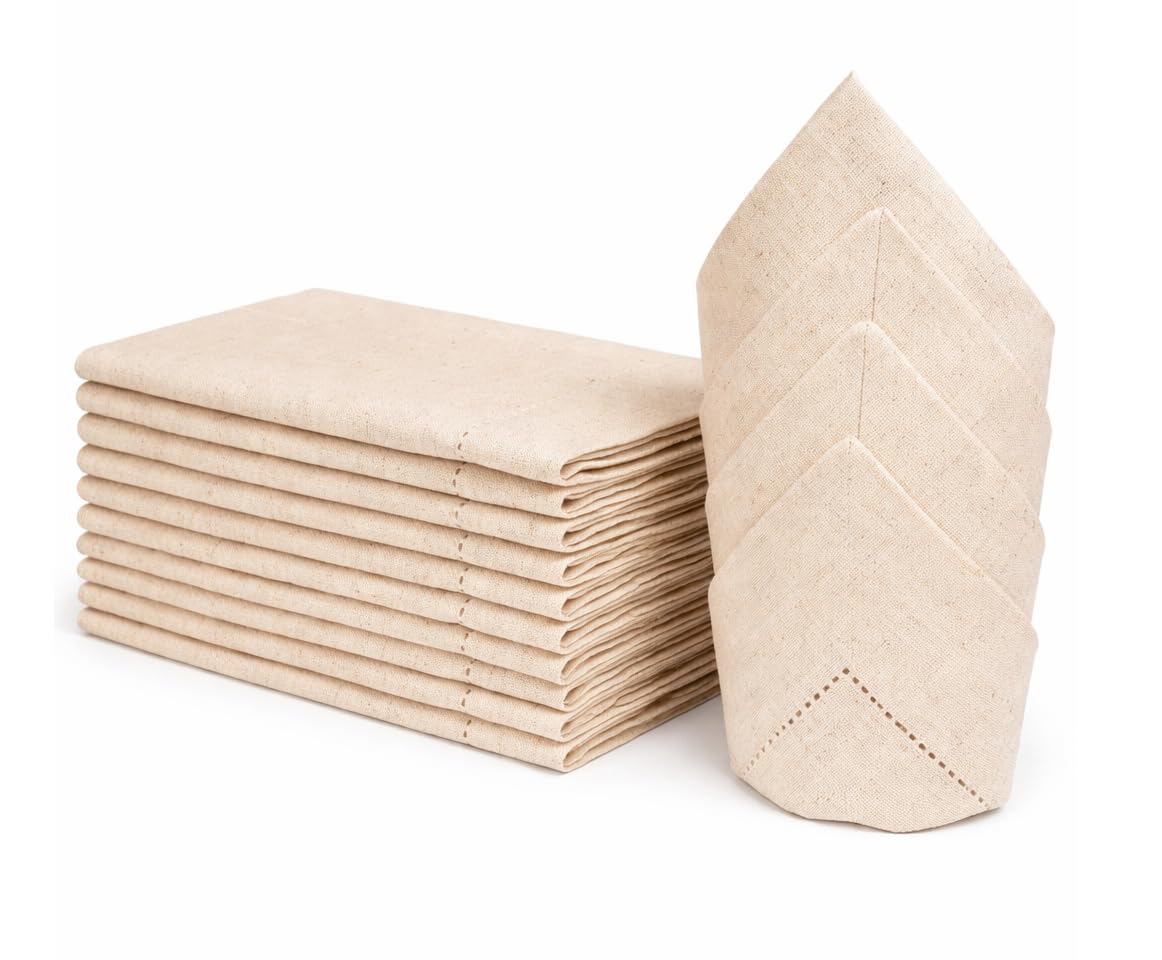 Linen Flax Cotton Cloth Dinner Napkins Set of 72-18x18 Natural Fabric with Hemstitched Mitered Corners - Machine Washable Wedding, Cocktail & Party Table Napkins - Natural