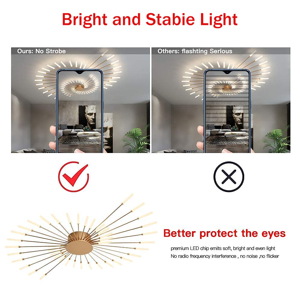JAYMP 41.3" Ceiling Light Modern Flower Shape Ceiling Lamp for Dining Room Kitchen Hallway Flush Mount Metal Acrylic Sputnik Firework Petal LED Lighting Fixture (Matte Gold, 28 Lights)