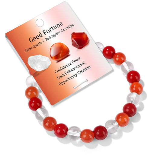 Bolinailo Healing Crystal Bracelet for Women Men 8mm Around Beaded Bracelet Clear Quartz Red Agate Carnelian Natural Stone Handmade Stretch Good Luck Bracelet Beads Spiritual Crystal Jewelry Gifts