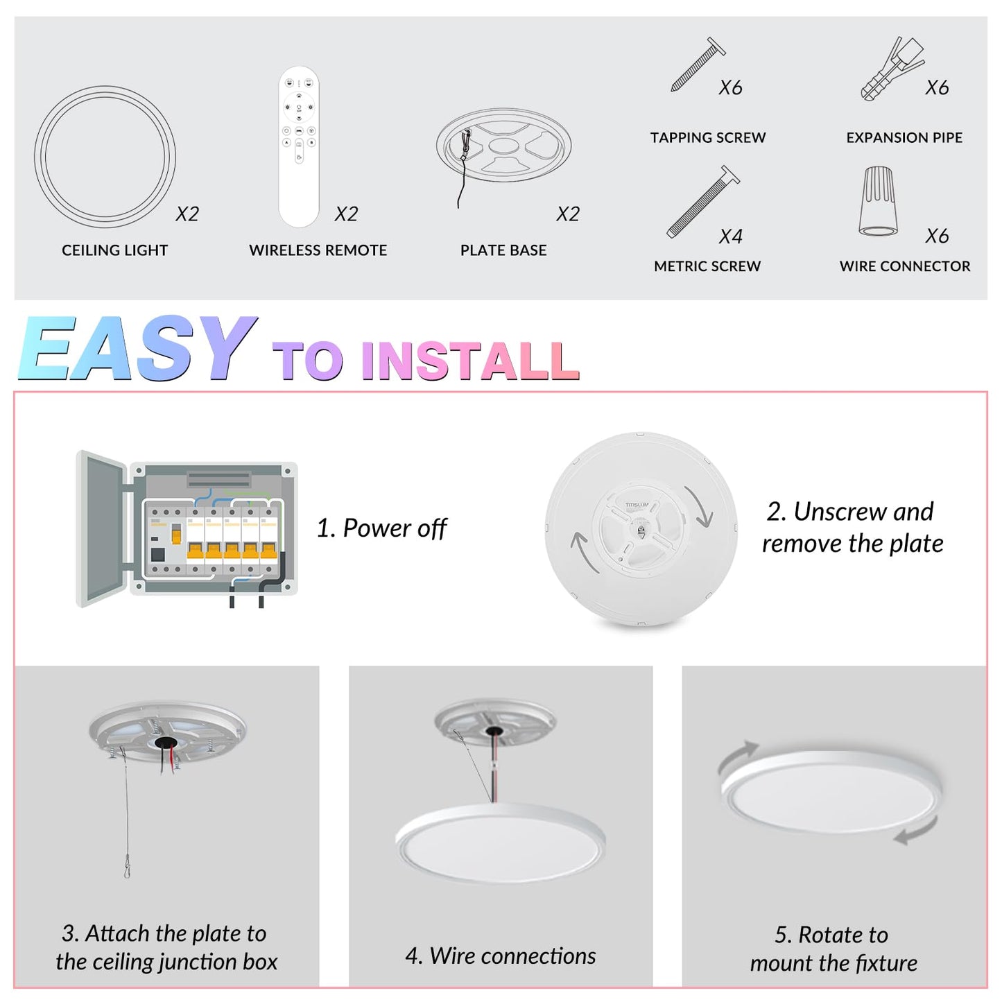 TITISLUMP 2 Pack Smart RGB LED Ceiling Light with Remote, 12" WiFi Flush Mount Ceiling Light Works with Alexa & Google Home, 24W=2400LM Dimmable, DIY Colors & 2700K-6500K, for Bedroom Living Room