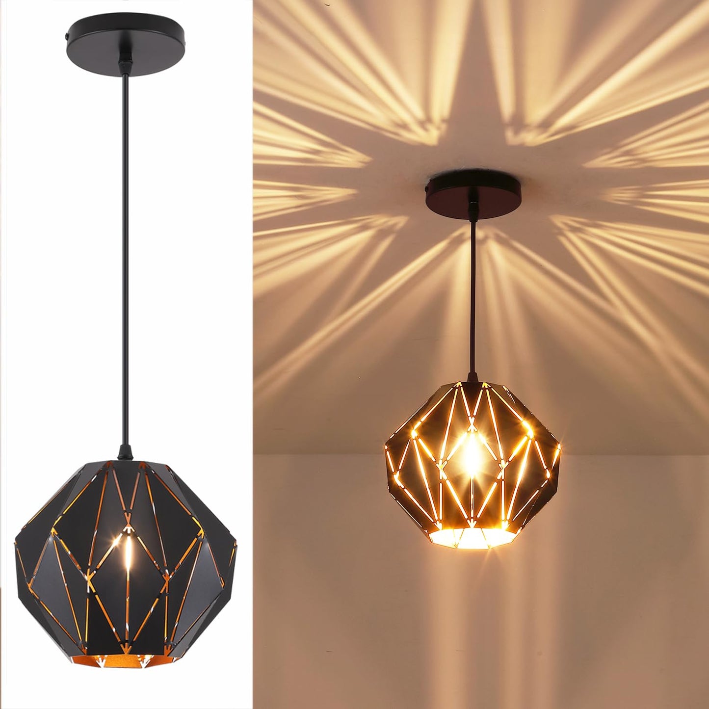 baunoisk Pendant Light Industrial Vintage Pendant Lamp Retro Farmhouse Ceiling Hanging Light Fixture Black Metal Creative Geometric Diamond Shade Pendant Lighting for Kitchen Island