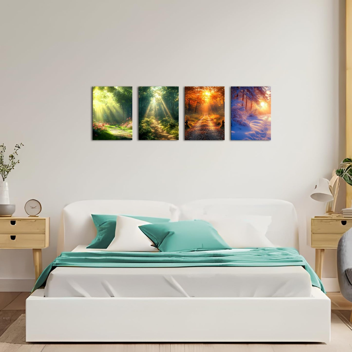 LoveHouse 4 Seasons Wall Art Spring Summer Autumn Winter Canvas Prints Forest Landscape Painting Morning Sunshine Picture For Bedroom 12"x16"x4Pcs