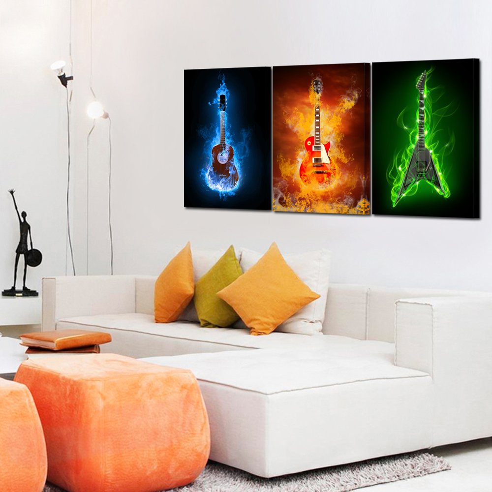 KREATIVE ARTS - 3 Pieces Canvas Prints Fire Burning Eletric Guitar Wall Art Painting Modern Musical Instruments Poster Framed for Living Room Decoration Ready to Hang 16x24inchx3pcs