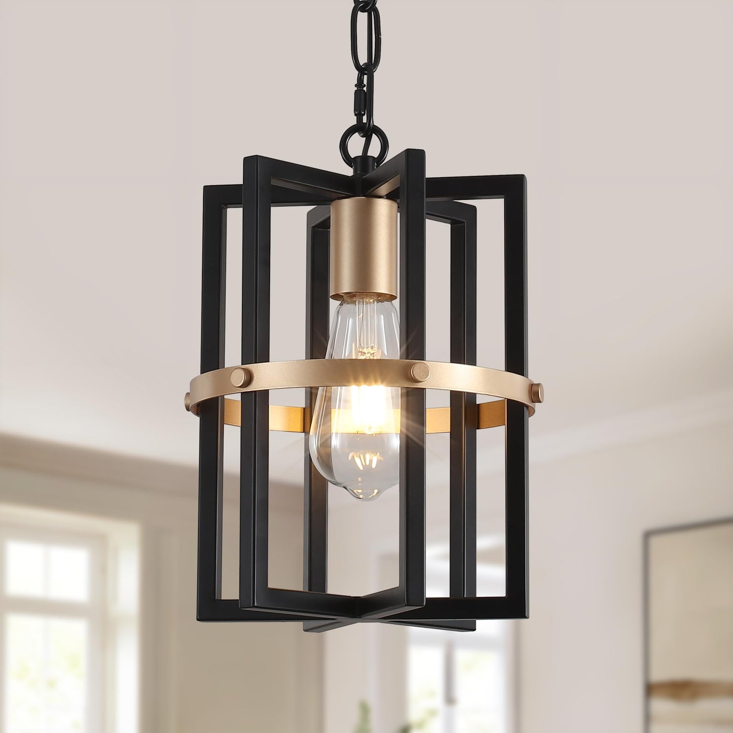 QMNHAU Black and Gold Chandelier Modern Pendant Light Fixtures Adjustable Farmhouse Pendant Lights Kitchen Island Hanging Light Fixture for Entryway Hallway Foyer Dining Room