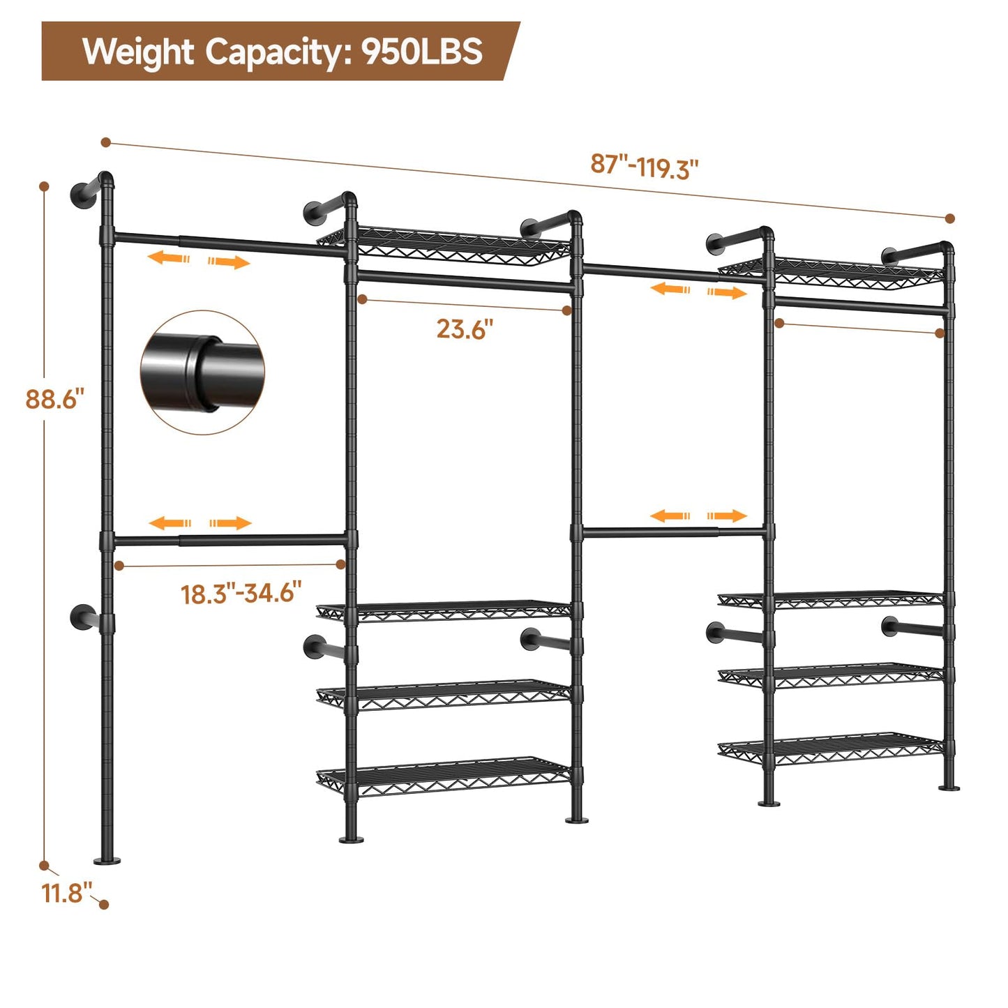 Wall Mounted Garment Rack, Walk-in Closet System with 4 Expandable Rods, 8 Adjustable Shelves, Industrial Pipe Clothing Racks, Hanging Clothes Organizers and Storage, Metal Closet Shelving Black