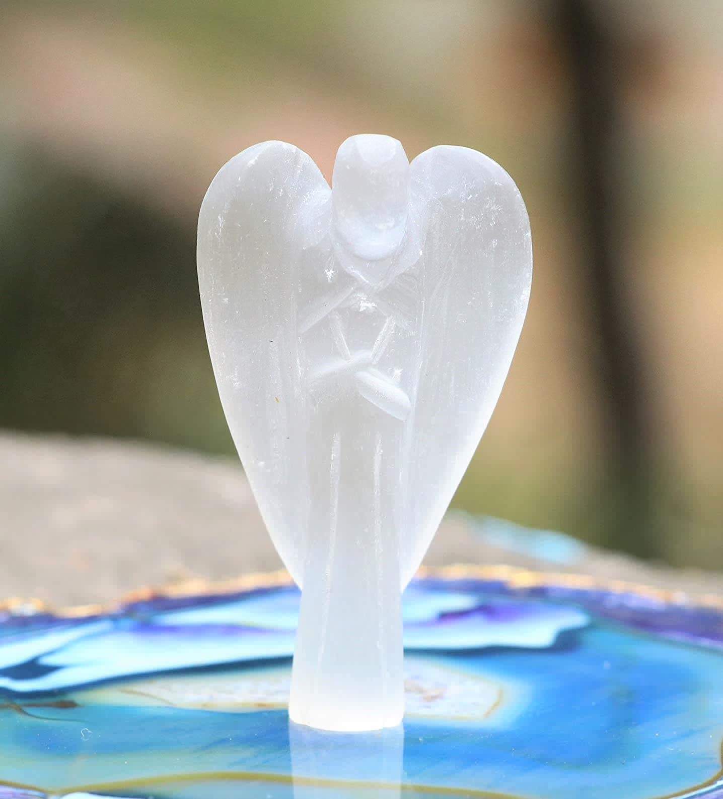 Crocon Selenite Gemstone Guardian Angel Healing Figurine, Hand Carved Pocket Angel - Crystals for Positive Energy, Handmade Mini Statue for Love, Peace & Healing, Natural Gemstone Healing Figurine