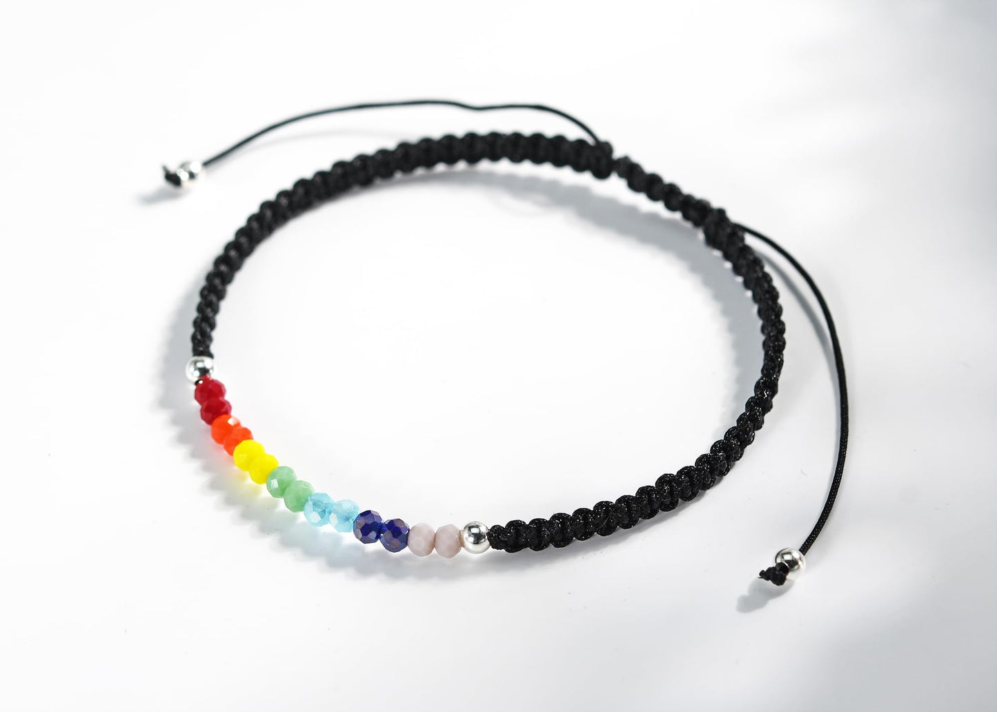 AeraVida Chakra Rainbow Healing Stone Bracelet for Couples | Adjustable 6-9 Inch Rope String Jewelry with Sterling Silver Accent for Men and Women (Black Rope)