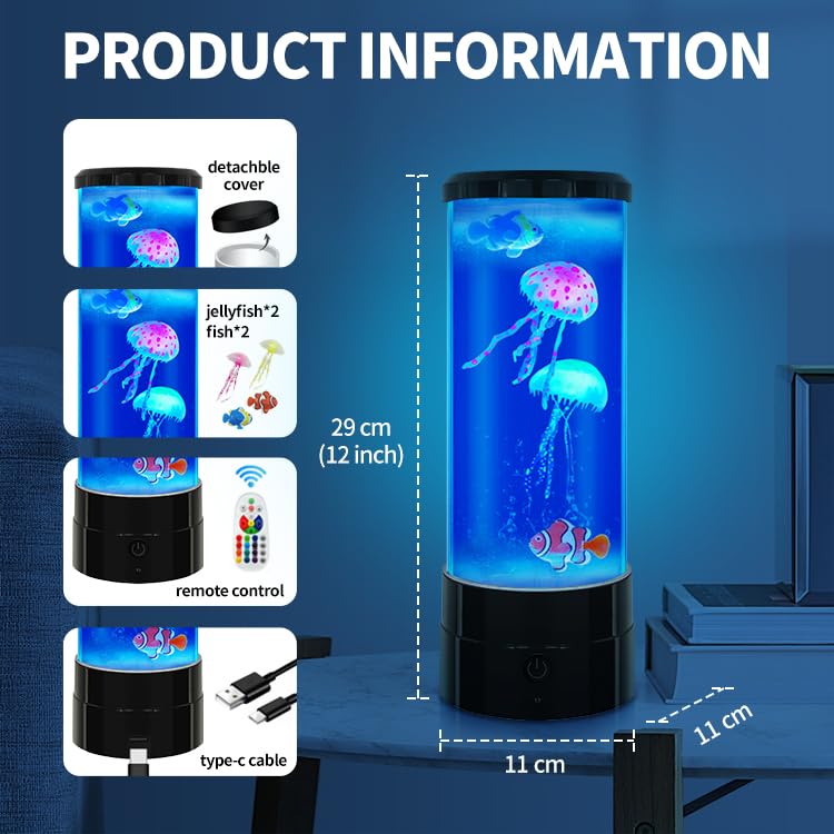 FineLiMoLa Jellyfish Lamp 12"-Black Minimalist Cylinder Table Lamp with 2 Large Jellyfish & 2 Fish,16 Color Changing LED,USB Powered,Remote Control,Jellyfish Light Lamp for Kids Christmas Gift